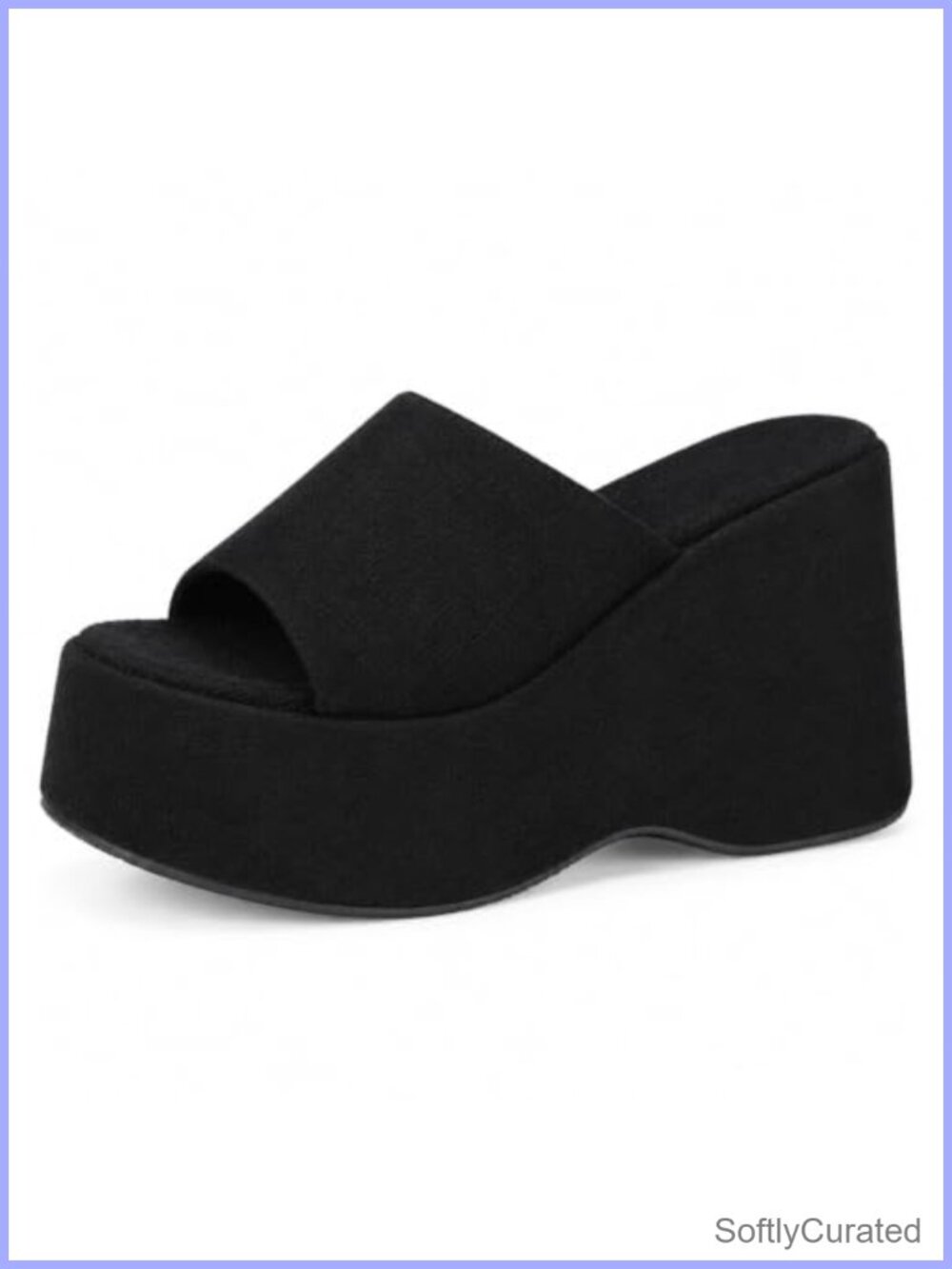Suede Platform Wedge Slide Sandals Round Open Toe Slip-On Heeled